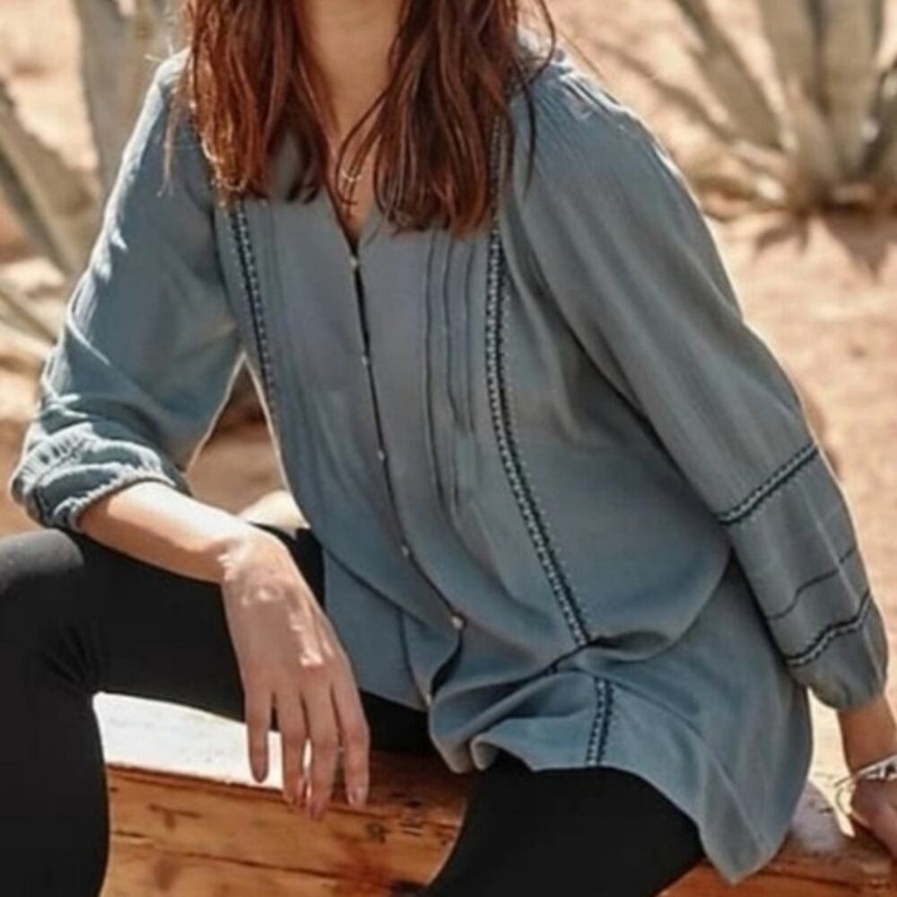J.Jill Blue Green Textured Tunic Top L Embroidered Pintuck Button Boho Cottage